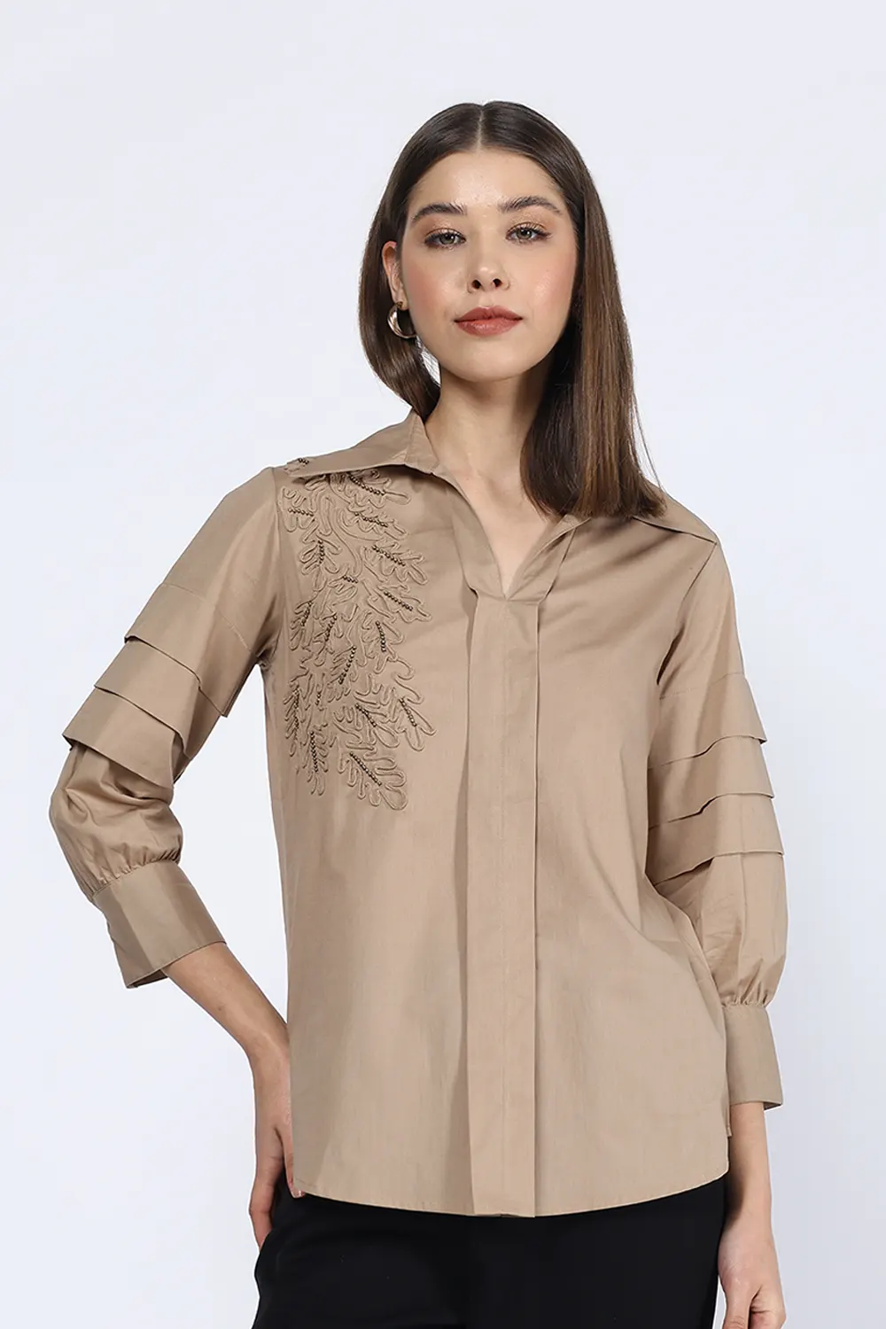 BEIGE PLEATED SLEEVE EMBELLISHED SHIRT