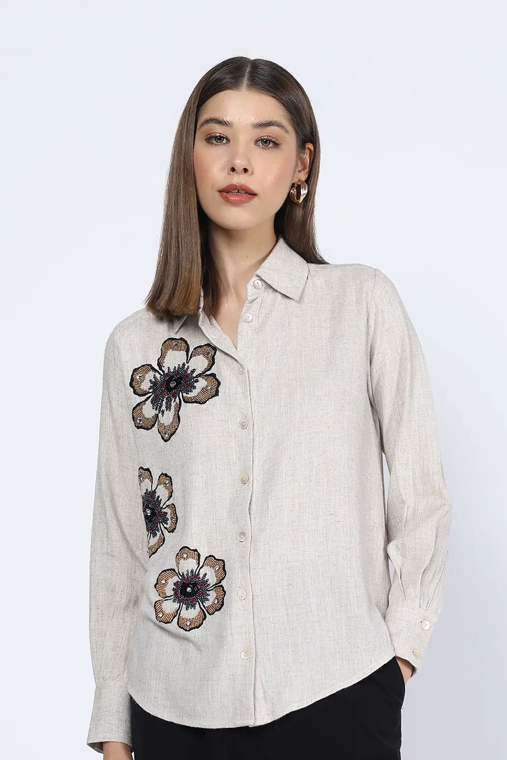 BEIGE LINEN FLOWER EMBELLISHED SHIRT