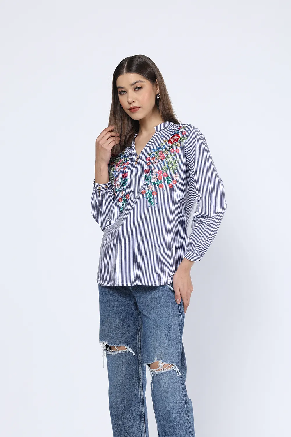 BLUE PINSTRIPE MULTICOLOURED EMBROIDERED TOP