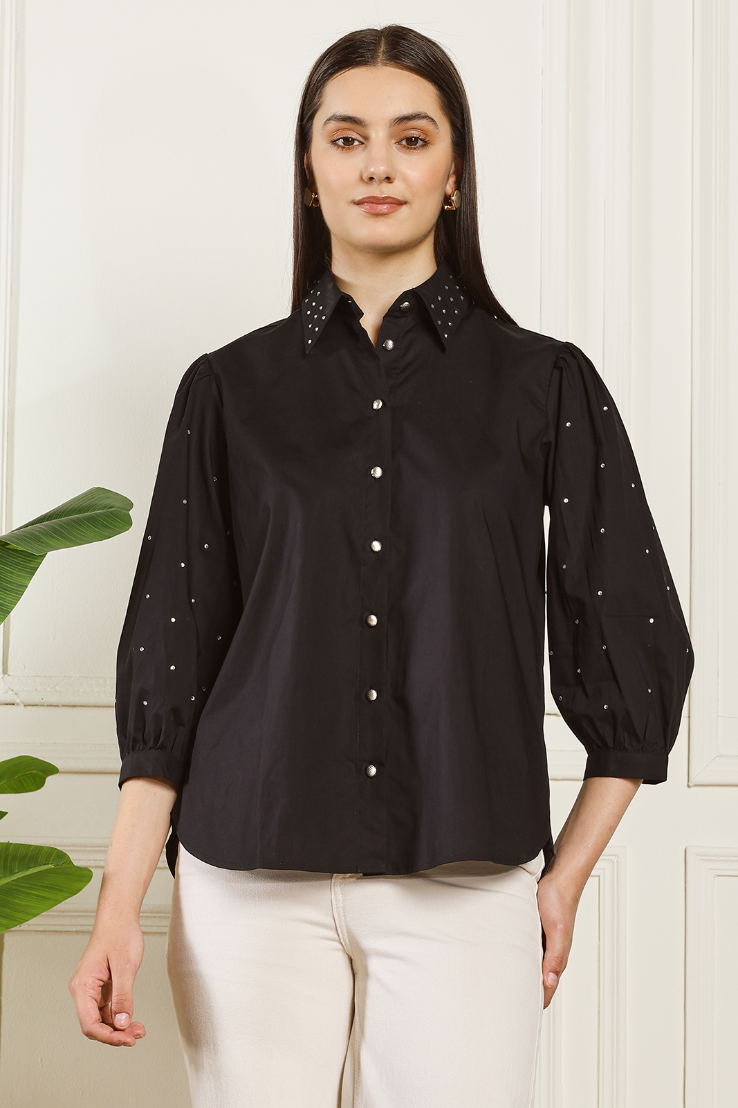 BLACK RHINESTONE EMBELLISHED COTTON SHIRT