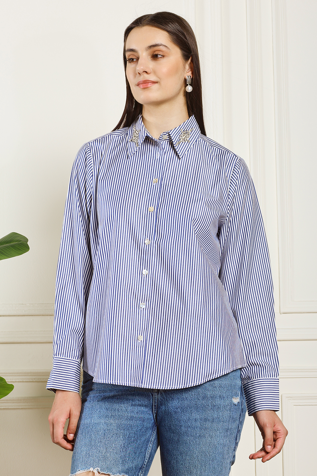 BLUE STRIPE EMBELLISHED COLLAR SHIRT