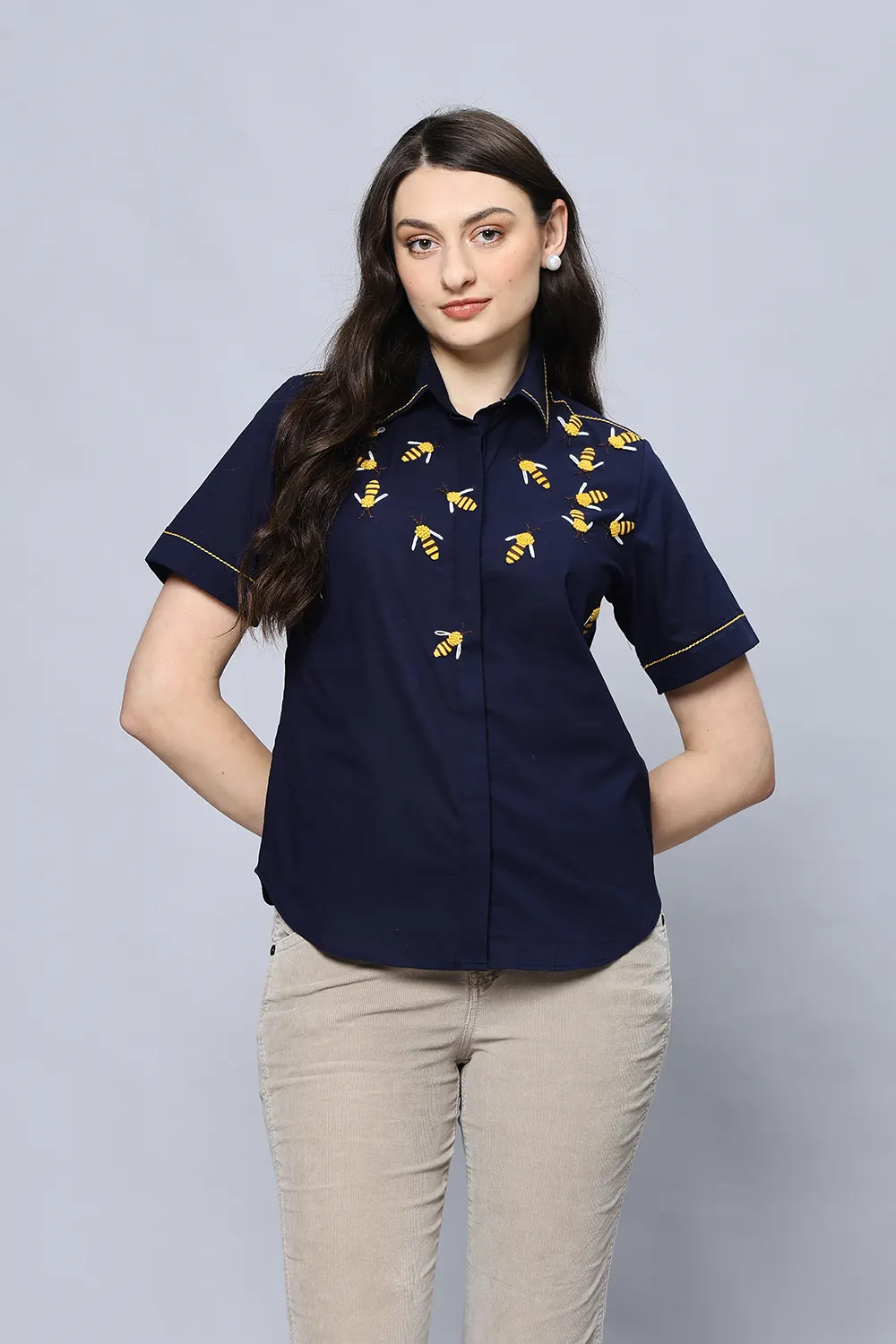 HONEY BEE EMBROIDERED BLUE COTTON SHIRT