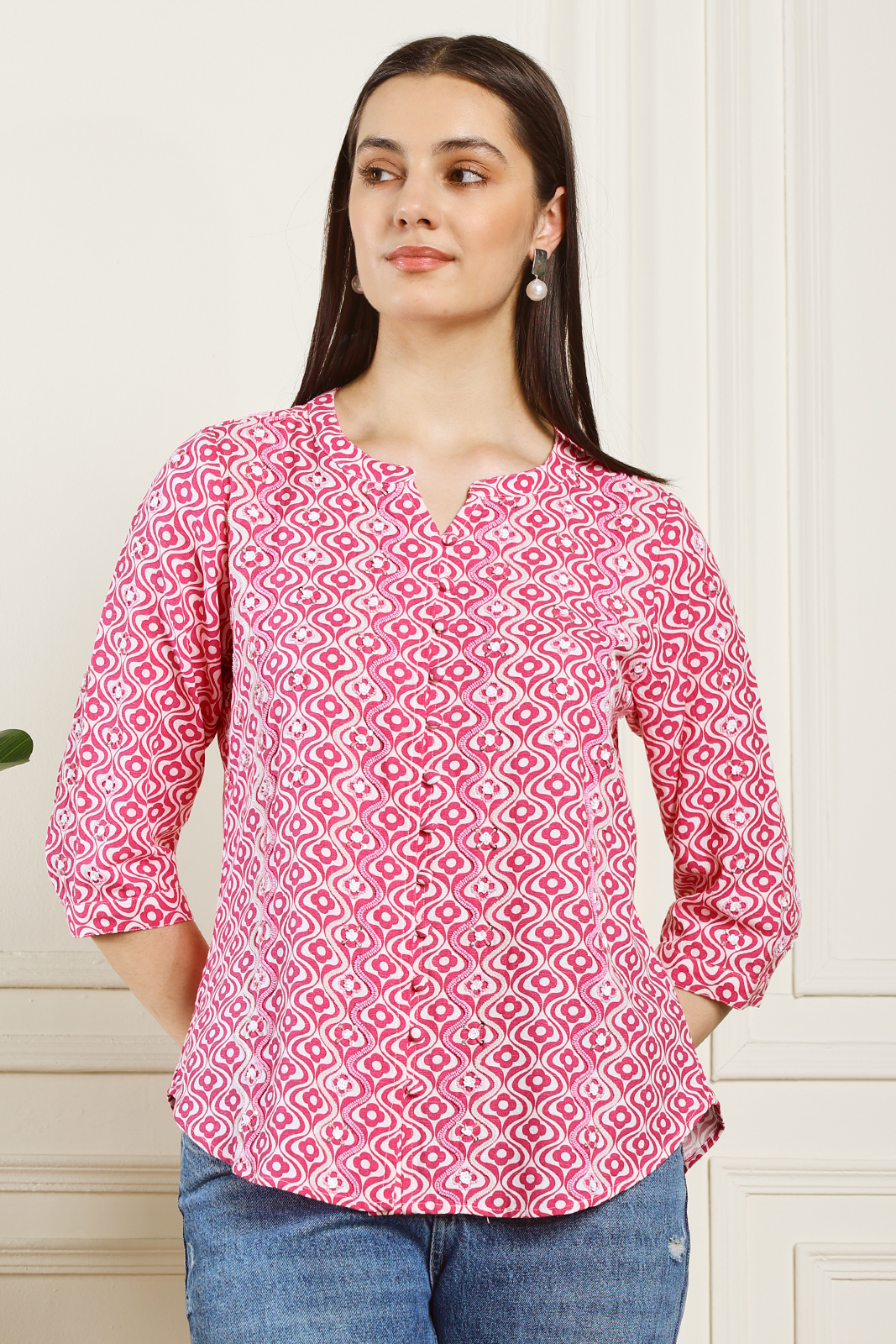 PINK LINEN EMBELLISHED TOP