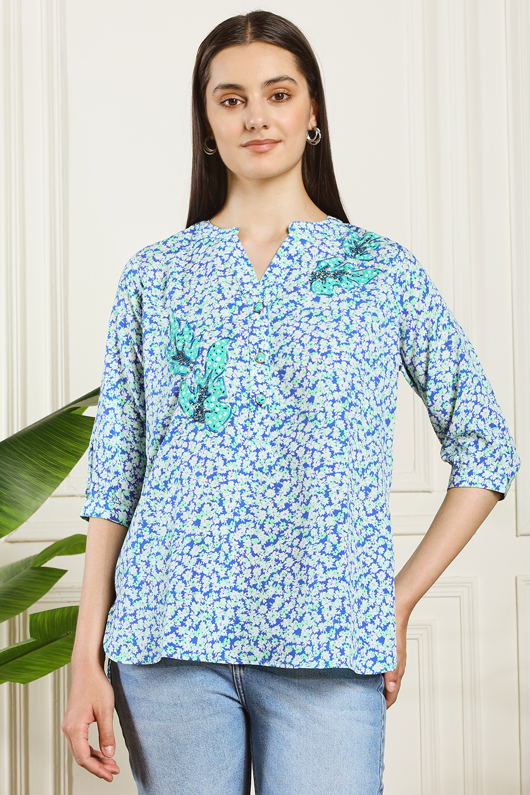 GREEN EMBELLISHED PRINTED CRAPE TOP