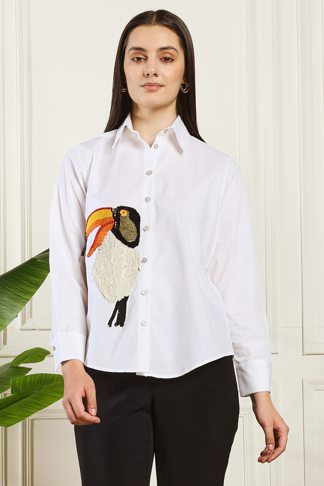 TAUCAN BIRD EMBELLISHED WHITE SHIRT– Artistic Embroidered Women’s Wear