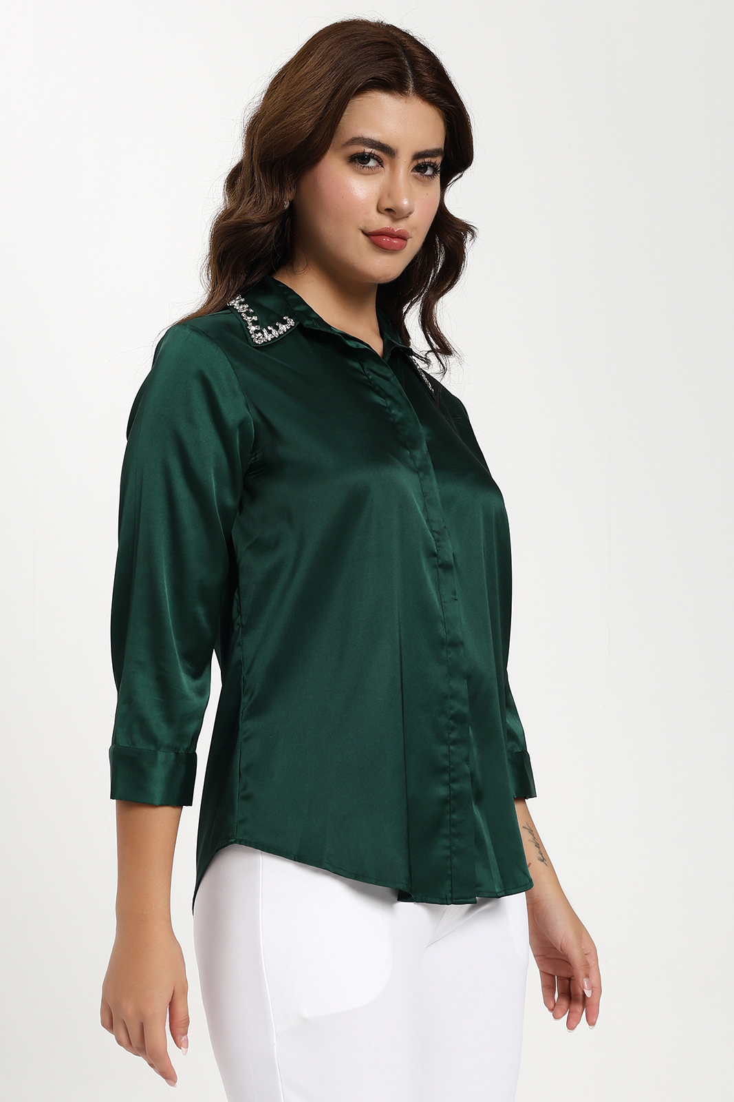 GREEN EMBELLISHED COLLAR SATIN SHIRT