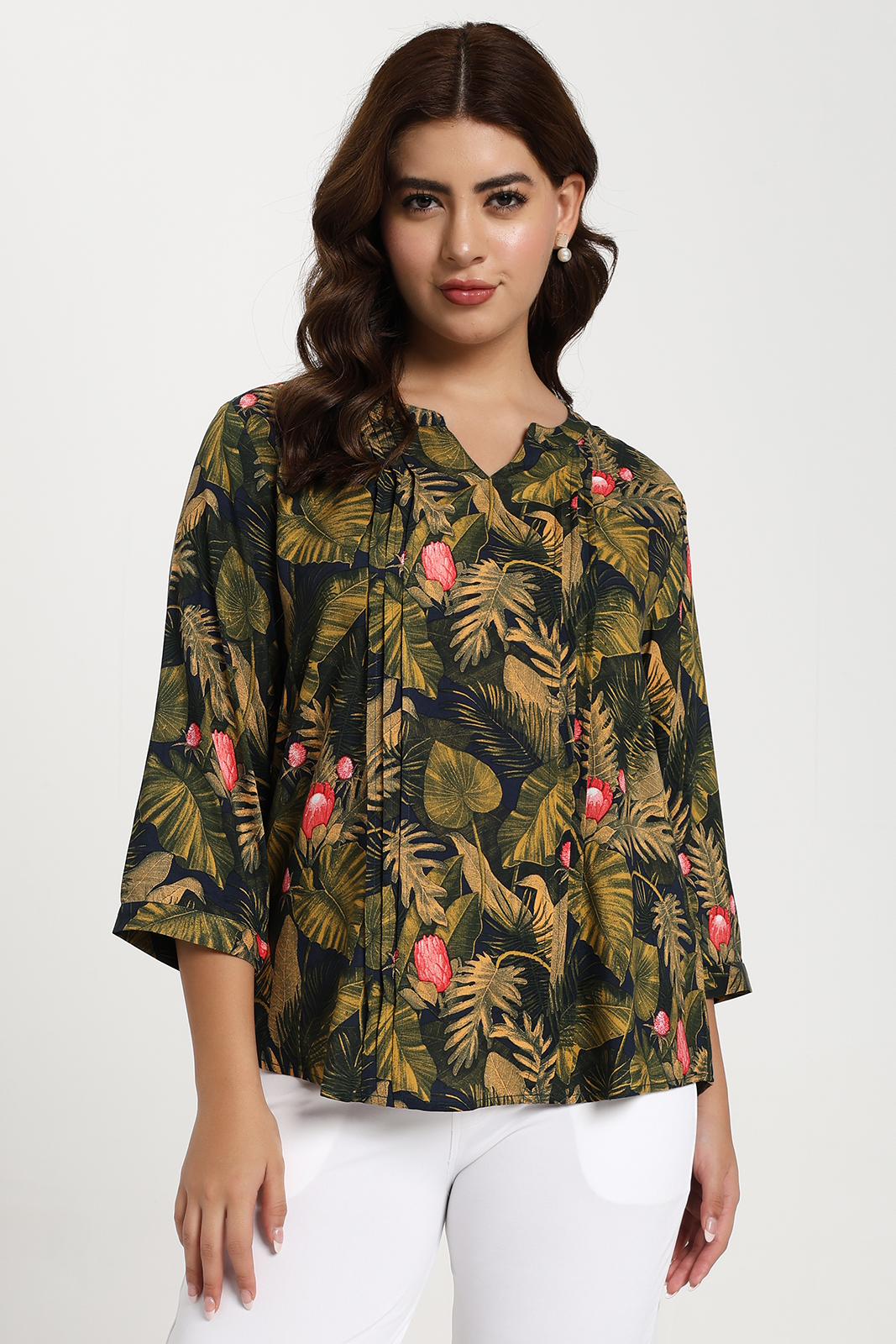GREEN PRINTED RYON TOP