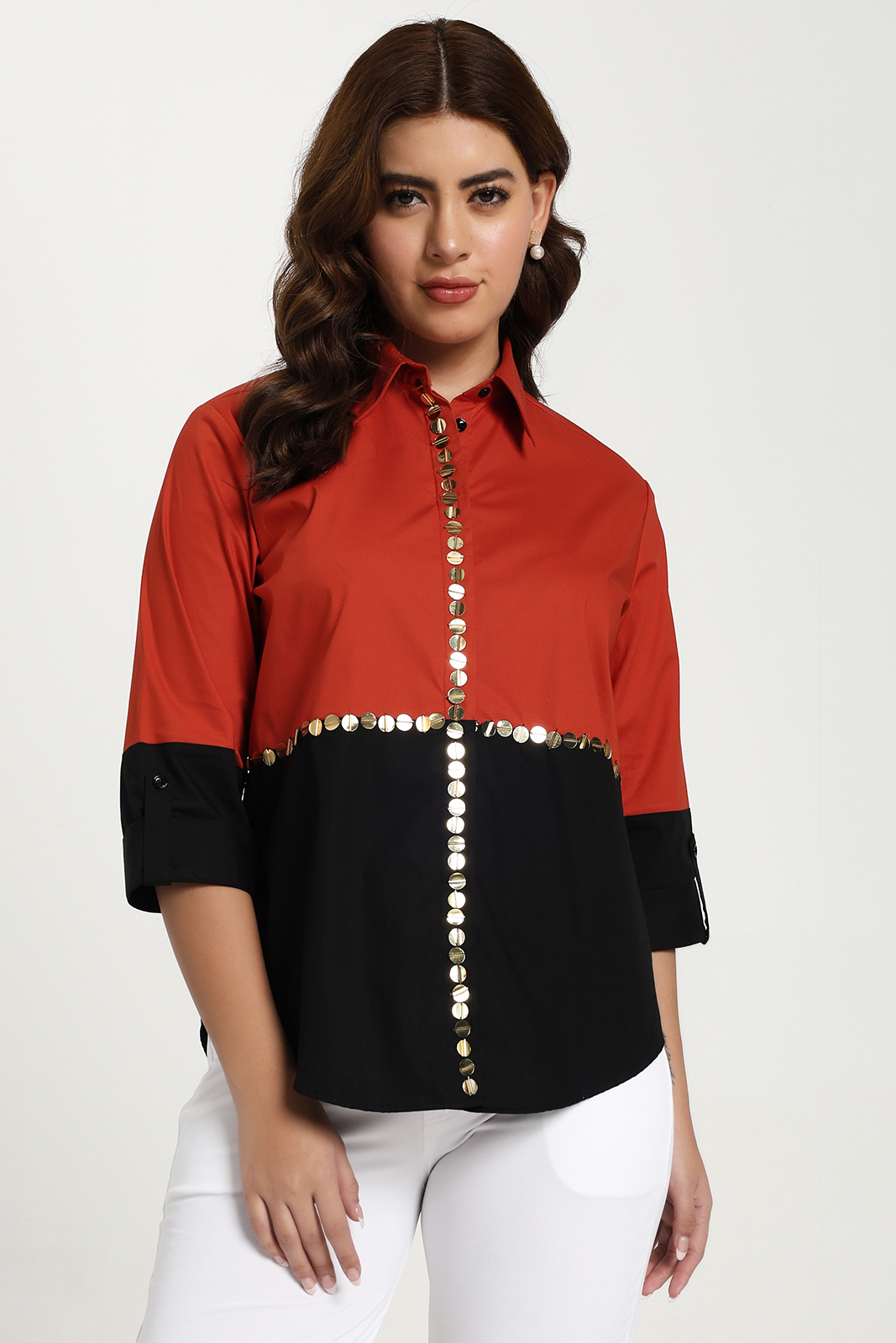 ORANGE BLACK HALF AND HALF EMBELLISHED SHIRT