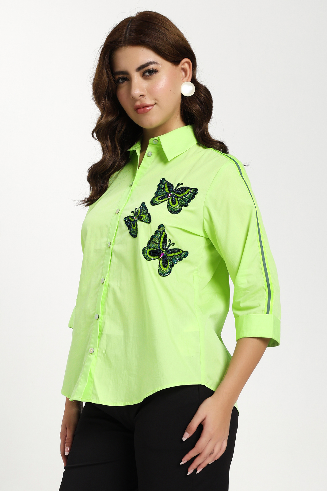 NEON GREEN  BUTTERFLY EMBELLISHED SHIRT