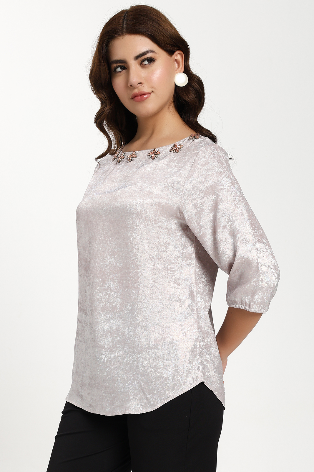 RAINBOW SATIN BOAT NECK EMBELLISHED TOP