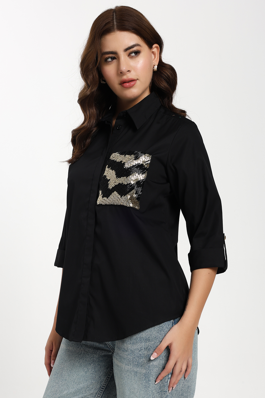 BLACK GOLDEN EMBELLISHED POCKET COTTON SHIRT