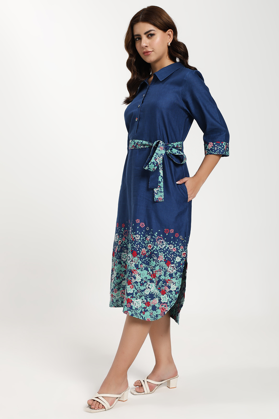 BLUE COTTON LINEN EMBROIDERED LONG BELTED DRESS