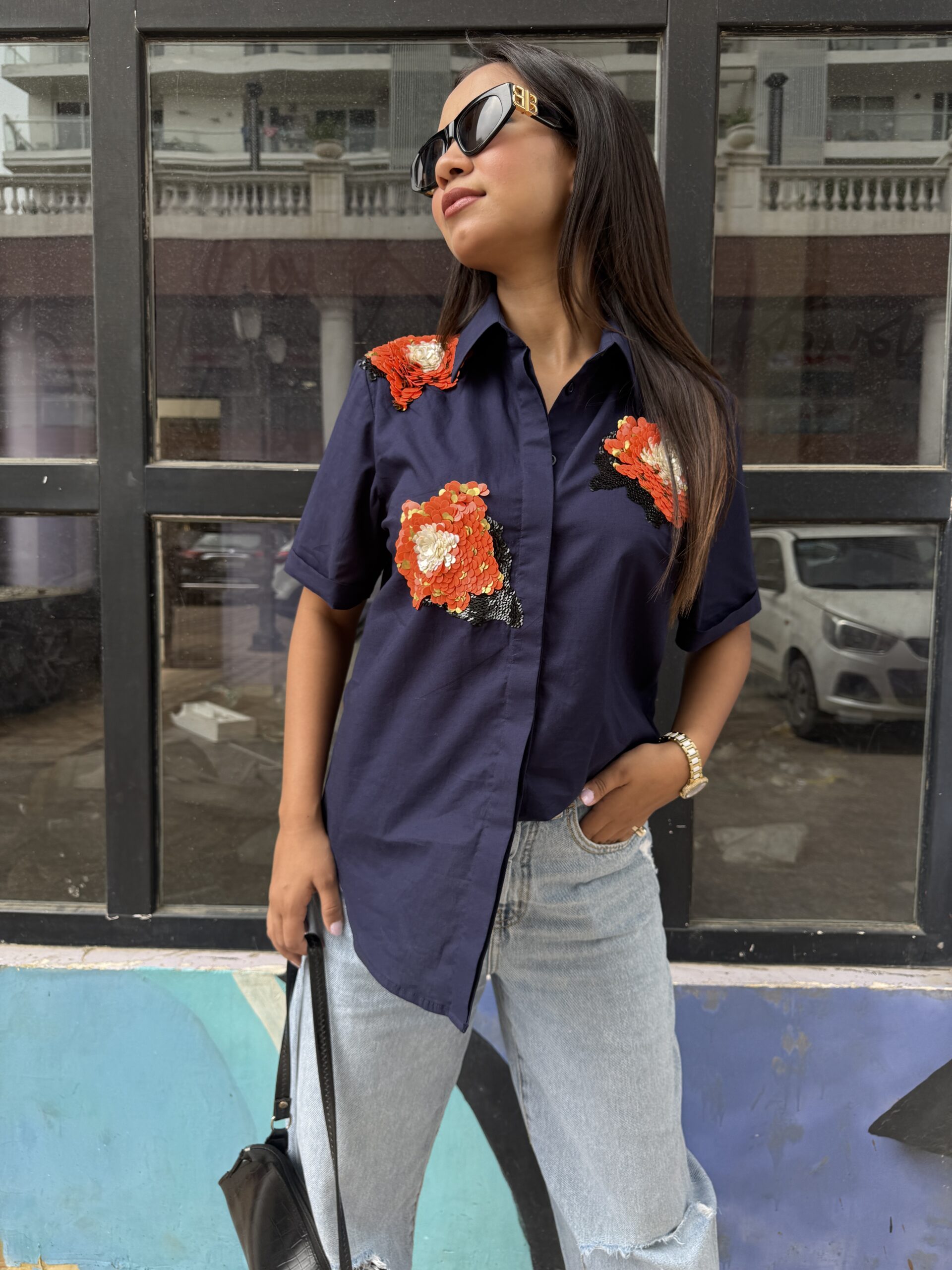 BLUE FLOWER EMBELLISHED SHIRT